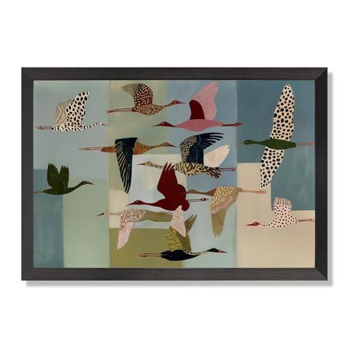Retro Colorful Bird Poster Whimsical Birds In Flight Canvas Wall Art Vintage Mid Abstract Animal Crane Artwork Prints Painting For Living Room Bedroom Apartment Wall Decor 16x20in black Framed - color: style 02, size: 16"L x 20"W