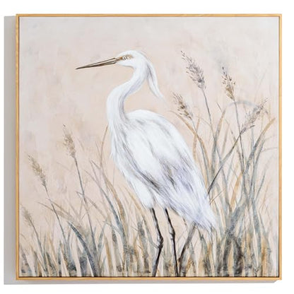 Eonzeun Framed Textured Canvas Wall Art, 24x24 Inch Wabi-Sabi Neutral Tone Egret Painting for Living Room, Dining Room, Office - color: Egret-1, size: 24"L x 24"W