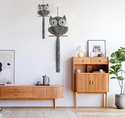 Achart Owl Macrame Wall Hanging-Hand Woven Boho Tapestry-Macrame Wall Decor - color: Grey-L&S