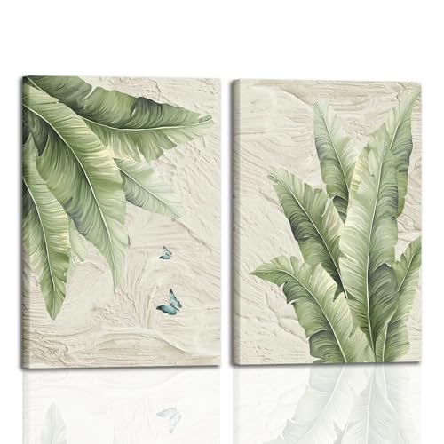 KBCXOY Tropical palm tree Wall Art Set of 2 Green Leaf Canvas Prints Minimalist Botanical Pictures Neutral Beige Poster Wall Decor for Living Room, Bathroom or Office 12x16Inches Ready to Hang - color: Banana Leaf, size: 12 x 16 inches