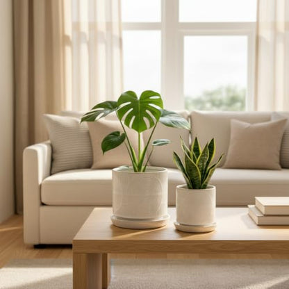 Ceramic Plant Pots, Modern Flower Pots, 4.5+5.5 Inch Small Plant Pots - color: White