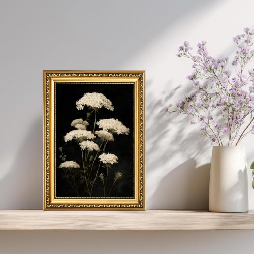 Vintage Botanical Framed Wall Art, Moody White Queen Anne's Lace Canvas Print, Antique Gold Floral Wall Decor, Rustic Cottagecore Artwork for Living Room Bedroom Bathroom - color: Queen-Anne's Lace, size: 8*10