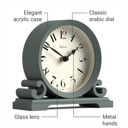 JONES CLOCKS® Saloon Mantel Clock | Small Traditional Double Scroll Design | Green | Contemporary Classic Style for Desk, Table, Shelf or Bedside - color: Asparagus Green