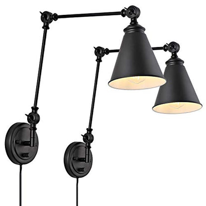 WINGBO Farmhouse Swing Arm Wall Sconce Set of 2, Industrial Adjustable Wall Lamp Light Fixture for Living Room Bedroom Vanity Study Desk Office, Plug in or Hardwired, Black - color: Black