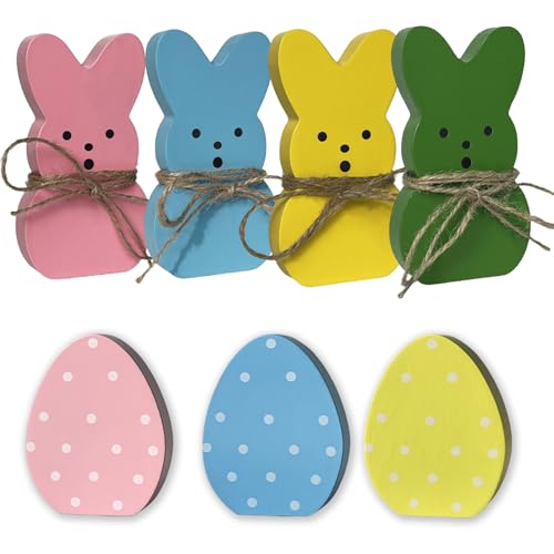 Easter Decorations 7PCS Wood Bunny Eggs Spring Decor Signs for Home, Wooden Rabbit Freestanding Cute Table Centerpieces Tiered Tray Decoration for Office Tabletop Mantel Shelf Party Supplies