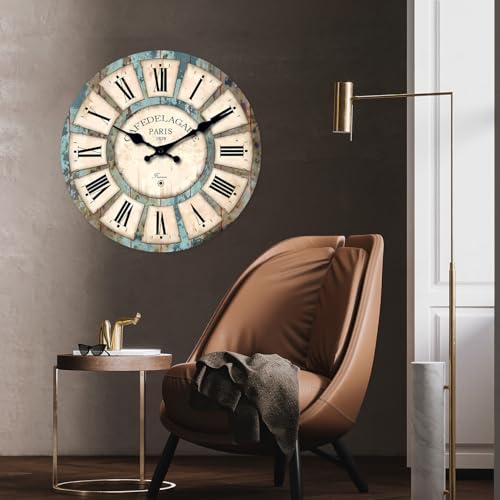 Wood Rustic Silent Wall Clocks for Living Room 24 Inch - color: Blue1, size: 24 Inch