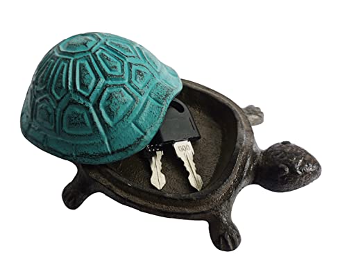 BSTGIFTS Cast Iron Turtle Key Hider - Spare Key Holder & Garden Decoration - Trinkets Box for Jewelry, Ear Studs, Ring & Paper Clips (Antique Blue) - color: Antique Blue