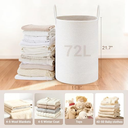 72L Large Tall Cotton Rope Laundry Basket with Handles, White - color: White, size: 72L