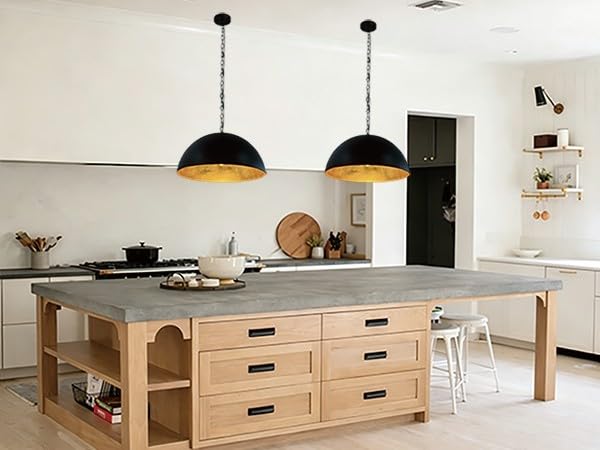 15Inch Kitchen Island Pendant Light-Matte Black with Gold Leaf Interior, Dome Chandelier for Dining Table, Bar, Cafe - size: 15" Dome