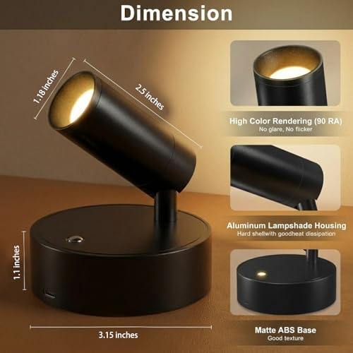 Magnetic Rechargeable Picture Light 2 Pack, Wireless Art Spotlight with Remote & Touch Control, 3 Color Temps Dimmable Wall Light, 2000mAh Battery Accent Lighting for Painting, Gallery, Display - color: Black