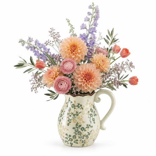 Ceramic Pitcher Vase with Handle, 8.3 Inch Vintage Rustic Farmhouse Vase with Crackle Glaze, Hand-Painted Green Vine Floral, Decorative Water Jug for Living Room, Kitchen, Dining Table Centerpiece - color: Green and Beige