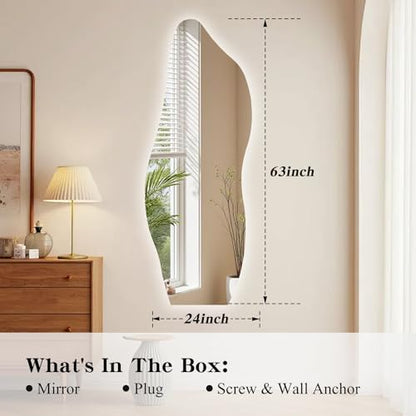 QDSSDECO 63" x 24" LED Full Length Wall Mirror, Wavy Frameless Design - color: Led Cloud