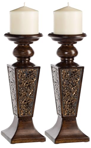 Creative Scents Schonwerk Brown Pillar Candle Holder Set of 2- Crackled Mosaic Design- Functional Table Decorations- Centerpieces for Dining/Living Room- Best Wedding Gift - color: Brown With Crackled Glass