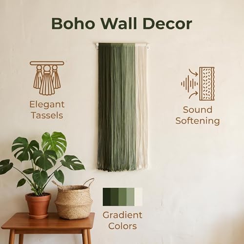 Jditngp Boho Wall Art Decor Hand Woven Tassel Wall Hanging Tapestry Nordic Home Wall Decoration Macrame Large Tapestry Gradient Green for Living Room Bedroom Entry Corridor Wall Art 15.8''W x40''L - color: green1