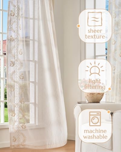 jinchan Floral Linen Curtains, Back Tab 50x84 Inch, 2 Panels Beige - color: S | Beige, size: 50"W x 84"L (Pack of 2)
