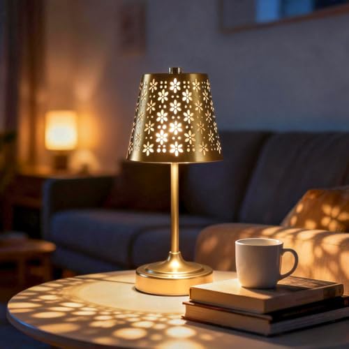 Cordless Table Lamp with Floral Cutout Shade, Portable Light,Gold - color: Gold
