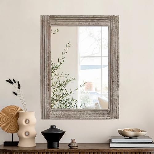 Hand-Made Wooden Spliced Wall Mirror for Bathroom, Rustic Farmhouse Vanity Mirror, Décor Wall Art, Solid Wood Frame, Vertical or Horizontal Hanging(White, 47" x 30", Rectangular) - color: White, size: 47"L x 30"W