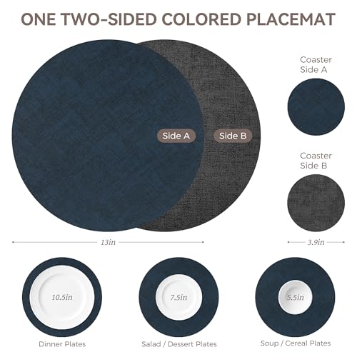 NCUE 13" Faux Leather Round Placemats Set of 4, Reversible Dual-Color - color: Deep Gray Navy Blue