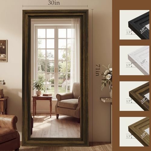 Wood Full Length Mirror 71"x30", Large Solid Wood Frame Floor Mirror - color: Walnut Wood, size: 71"L x 30"W