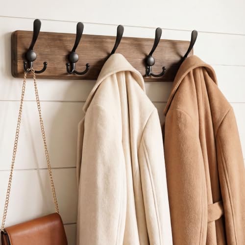 WEBI Rustic Coat Rack Wall Mount,Solid Wood Coat Hooks Wall Mounted Coat Hanger,16" Hole to Hole,Hook Rack Rail,5 Triple Hooks for Hanging Coats,Jacket,Clothes,Farmhouse,Brown - color: Brown, size: 5 Hooks