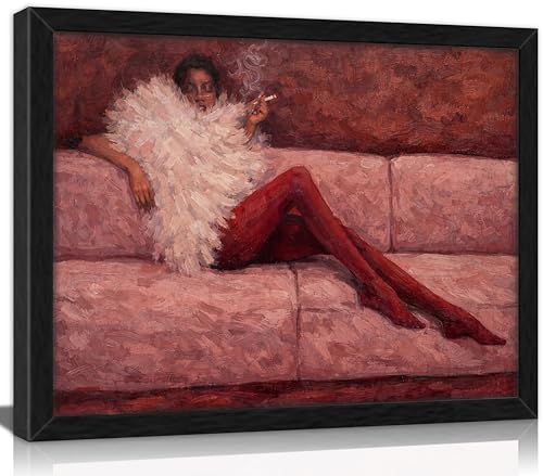 Framed Abstract Fashion Woman Canvas Wall Art, Cool Girl In Sofa Pink Ruby Print Wall Decor,Woman Sleeping Painting Handdrawn Mid Century Poster,TrendyTextured Oil for Living Room Bedroom - color: cool girl, size: 10"L x 8"W