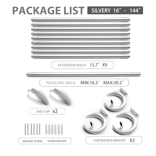 Modern Adjustable Curtain Rod Set 16 to 144 Inches, Sleek Window Rod for Bedroom, Living Room, Silver - color: SILVER, size: 16" to 144"