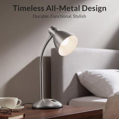 LEPOWER Metal Desk Lamp, Adjustable GooseNeck Reading Light for Bedroom - color: Silver