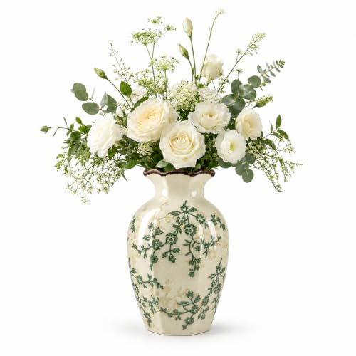 Ceramic Vase for Flowers, 9 Inch Vintage Rustic Floral Vase with Crackle Glaze, Octagonal Hand-Painted Green Vine Vase, Farmhouse Decorative Vase for Living Room, Bedroom, Entryway, Table Centerpiece - color: Green and Light Beige