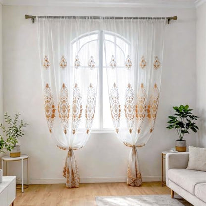 Amidoudou Rod Pocket Curtains European Luxury Sheer Embroidered Window Screening for Living Room Bedroom Tulle Curtains (Gold,52" W x 84" L (Pack of 2)) - color: Gold, size: 52"W x 84"L (Pack of 2)