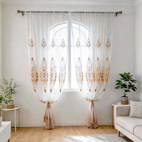 Amidoudou Rod Pocket Curtains European Luxury Sheer Embroidered Window Screening for Living Room Bedroom Tulle Curtains (Gold,52" W x 96" L (Pack of 2)) - color: Gold, size: 52"W x 96"L (Pack of 2)