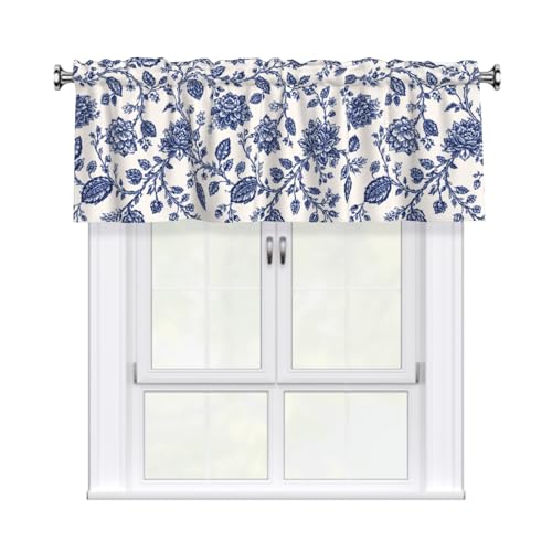 Navy Floral Valances for Windows Blue Traditional Flowers Print Kitchen Curtain Farmhouse Country Rustic Valance with Rod Pocket Light Filtering Polyester Valance 54 x 18 Inch, 1 Pack - color: Floral Navy Blue