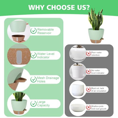 Self Watering Planter for Indoor Plants, 12" 10" 9" 8" Plastic Large Flower Pot Set with Water Level Indicator Deep Reservoir Saucer, Big House Bottom Watering Plant Pots with Drainage Hole - Green - color: Green