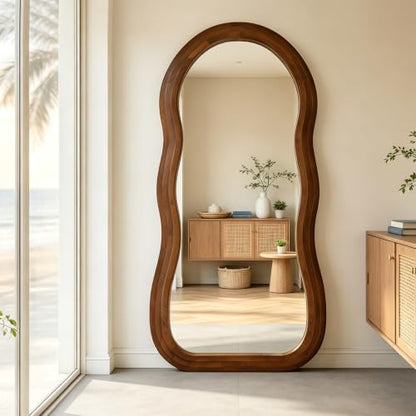 67"x31.5" Wavy Full Length Mirror with 3-Layer Solid Wood Frame - color: Walnut Wavy Frame, size: 67"L x 31.5"W