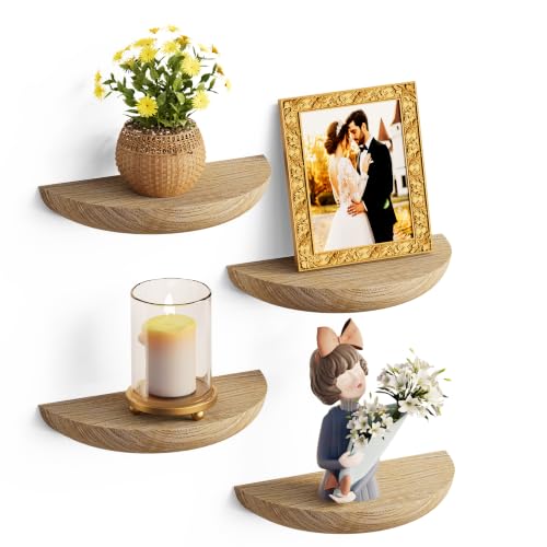 QsQueen Half Round Floating Shelves, 4 Pack Small Wood Wall Shelves for Plants & Decor - color: Light Brown, size: Screw Mount (S+S+S+S)
