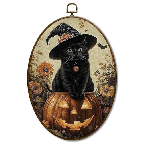 JQF Vintage Halloween Witchy Black Cat Oval Wall Art, Dark Academia Gothic Witch Pumpkin Oval Canvas Wall Art, Halloween Fall Framed Prints Hanging Decor for Home Bedroom Living Room, 8.5x11.5 Inch - color: fall cat-1