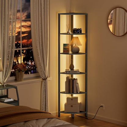 Furnulem 6 Tier Corner Shelf with LED Light, 67.5" Black Narrow Bookshelf - color: Black Oak