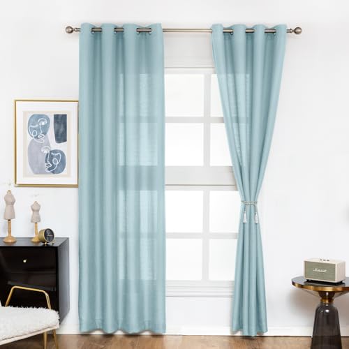 Melodieux Blue Semi Sheer Curtains 63 Inch Length for Small Windows Living Room Bedroom Linen Look Rustic Grommet Voile Drapes, 42 x 63 Inch (2 Panels) - color: Blue, size: 42"W x 63"L (Pack of 2)