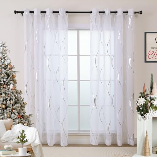 L.Z.E White and Silver Curtains for Living Room, See Through White Sheer Curtains 84 Inches Long 2 Panels Set, Grommet Transparent Window Drapes with Elegant Wave Patterns - color: (Grommet) Silver Waves, size: 54"W x 84"L (Pack of 2)