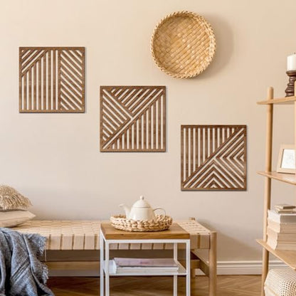 Bnesi 3 Piece Abstract Geometric Wood Wall Art Decor Modern Boho Minimalist Slatted Design Wall Sculpture Art Decor for Living Room Bedroom Home Bathroom (Classic, Medium) - style: Classic