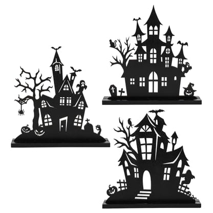 3Pcs Halloween Wooden Table Centerpiece Decorations,Wooden Double-sided Printing Silhouette Sketch Ghost House Decoration Ornaments,Halloween Table Tiered Tray Decor for Indoor Home Kitchen Party
