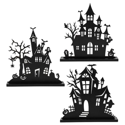 3Pcs Halloween Wooden Table Centerpiece Decorations,Wooden Double-sided Printing Silhouette Sketch Ghost House Decoration Ornaments,Halloween Table Tiered Tray Decor for Indoor Home Kitchen Party