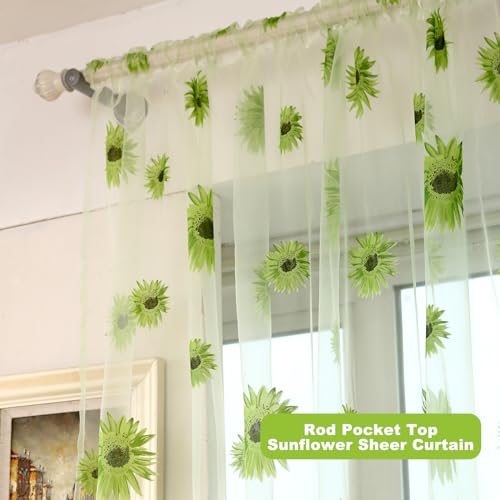 Ufurty 2pcs Sunflower Window Curtain Green Floral Voile Sheer Curtains - color: Green Flower, size: 39.4"W x 78.7"L (Pack of 2)