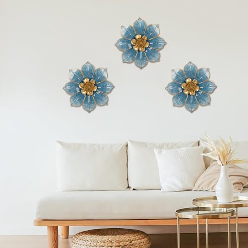Villa Como Set of 3 Blue and Gold Metal Flowers Wall Art Decor 10" - color: # 3 Blue and Gold