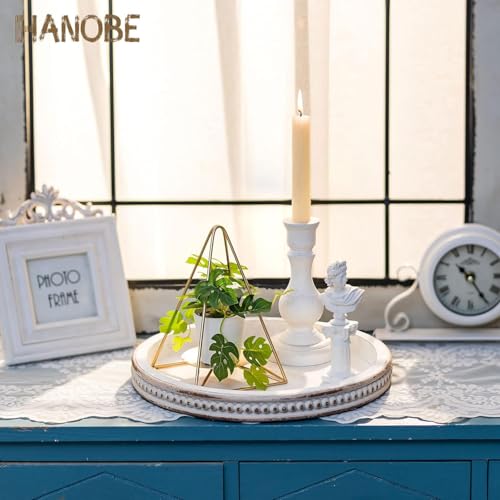 Hanobe Round White Candle Tray Holder for Coffee Table, Beaded Edge