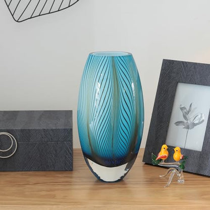 Murano Style Glass Vase Hand Blown Blue Feather Pattern Effect Home Decor - color: Blue