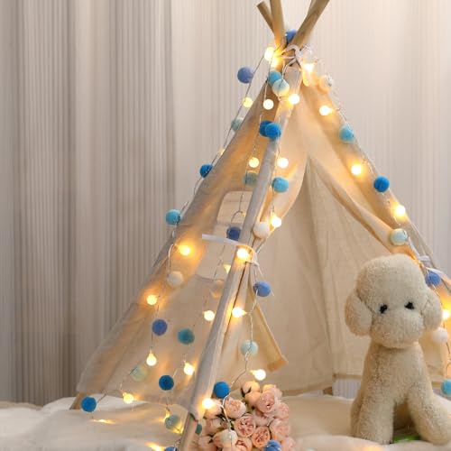 9.84FT Pom Poms Fairy Lights 30 LED Battery & USB Operated String Lights - color: Blue, size: 9.54 FT