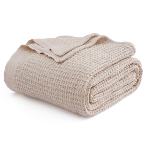 Bedsure 100% Cotton Blanket, Waffle Weave, Full Size, Beige, 80"x90" - color: 02 Beige, size: Full (80" X 90")