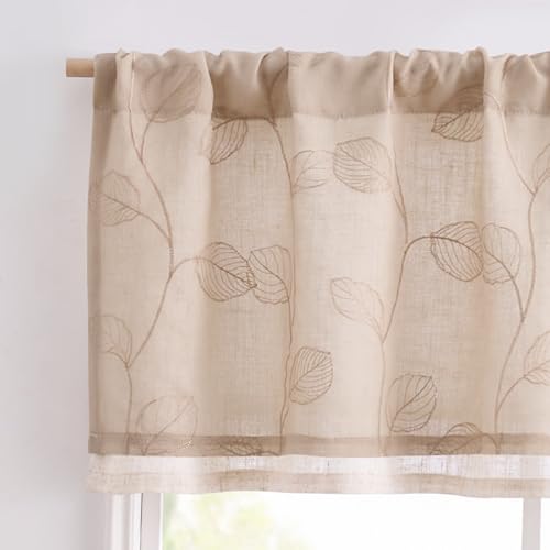 jinchan Linen Valance Curtain Beige Sheer Leaf Embroidered 18 Inch 1 Panel - color: Leaf Beige