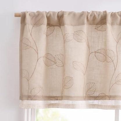 jinchan Linen Valance Curtain Beige Sheer Leaf Embroidered 18 Inch 1 Panel - color: Leaf Beige