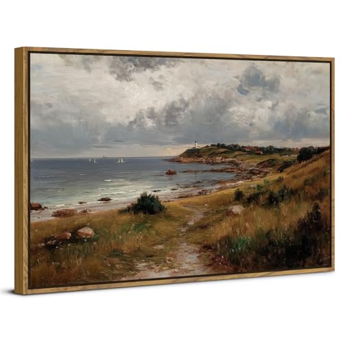 Retro Beach Canvas Wall Art Framed Vintage Coastal Scenery Picture for Bedroom Seaside Lighthouse Wall Decor Bathroom Living Room Rustic Nature Seascape Prints Painting Artwork Home Decoration 12x16 - color: Coast, size: 16"L x 12"W